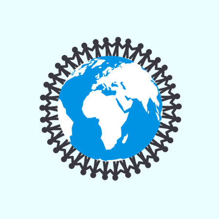People Holding Hands around Globe - Unity Vector Symbol with Planet Earth