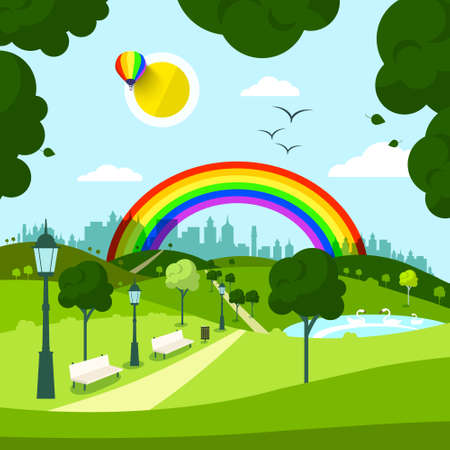 Empty City Park with Rainbow on Background - Vectorのイラスト素材