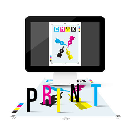 Print Concept with DTP Computer and CMYK Symbol on Screenのイラスト素材