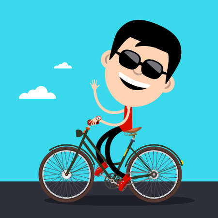 Smiling Man with Black Sunglasses Riding Bicycle Waving Hand - Vector Cartoonのイラスト素材