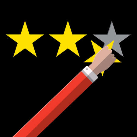 Three Gold Stars Rating Symbol with Hand on Dark Background - Vector Ranking Concept