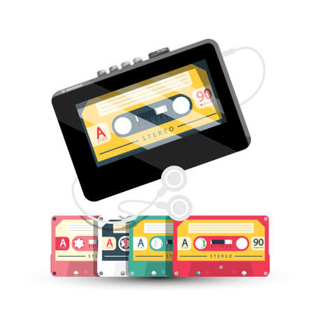 Personal Stereo - Retro Cassette Tape Player With Cassettes and Earphones Isolated on White Background - Vectorのイラスト素材
