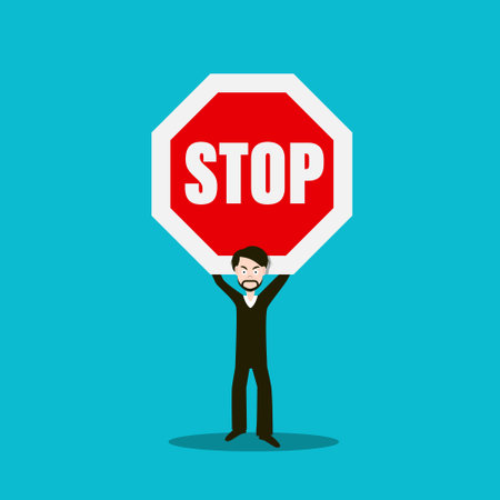 Man Holding Stop Sign - Vector Cartoonのイラスト素材