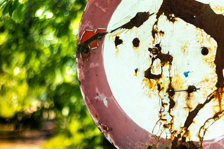 No entry for cars old sign with blurred bokeh on backgroundの写真素材