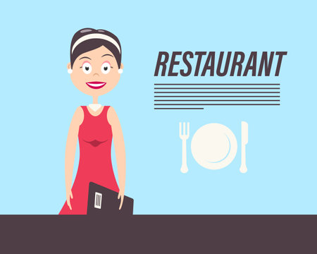 Restaurant Receptionist Cartoon with Plate and Silverware Icon - Vectorのイラスト素材