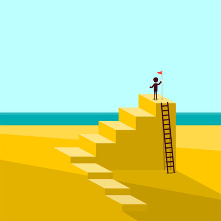 Man holding flag up on stairs with sea on background - business success or rescue symbol - vectorのイラスト素材