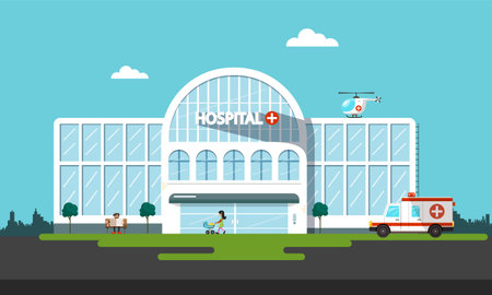 White hospital building with ambulance car, helicopter and people - vector illustrationのイラスト素材