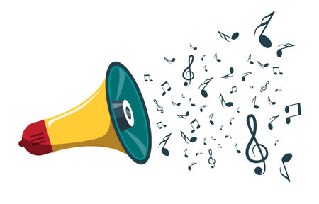 Loudspeaker with notes on white background - music announcement symbol vectorのイラスト素材