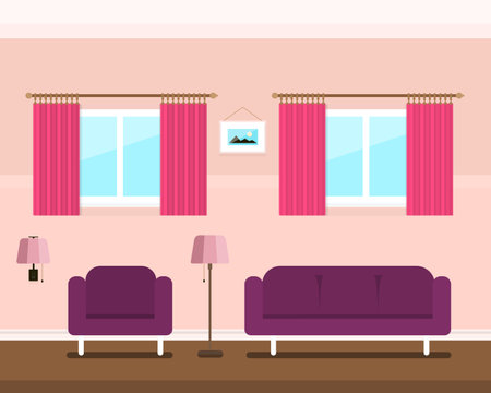 Retro hotel room with two windows and pink wall - vectorのイラスト素材