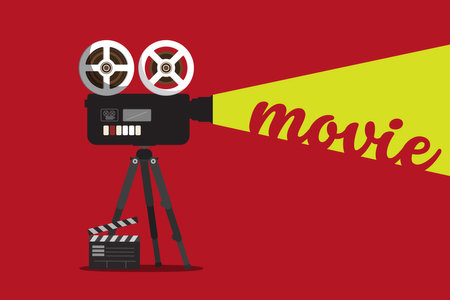 Retro film camera with movie text on red background - vectorのイラスト素材