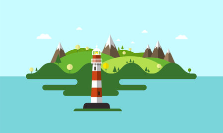 Lighthouse on sea with island on background - vectorのイラスト素材