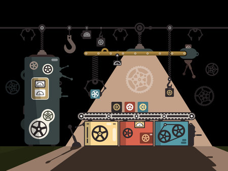 Line of production - night factory interior, vectorのイラスト素材