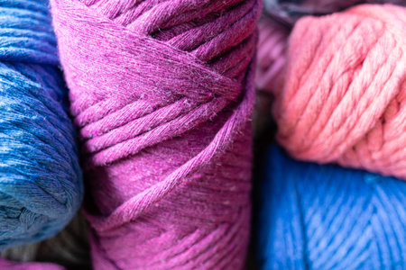 Cotton yarn detail - blue, pink and purpleの写真素材