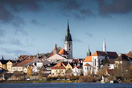 Jindrichuv Hradec town with Vajgar lake on foreground, Czechia