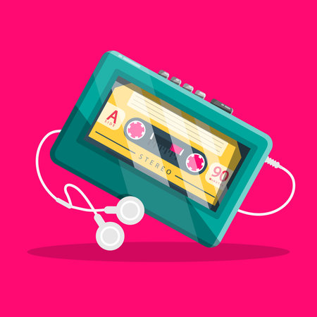 Retro audio cassette player with headphones on pink background, vectorのイラスト素材