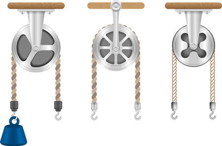 Pulley types. Science, physics force experiment. Force applied by weight attached to the rope. hook weight.のイラスト素材