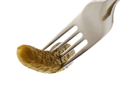 cucumber on the fork, on whiteの写真素材