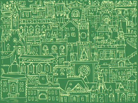 vector decorative illustration of old town, design element. On green background.のイラスト素材
