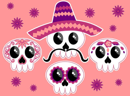 set of cute mexican skulls with tradition ornamentのイラスト素材