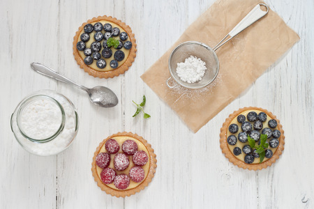 Blueberry and raspberry tartlets with icing sugarの写真素材