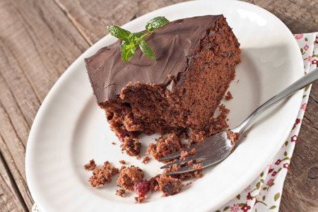 A half-eaten piece of a chocolate cakeの写真素材