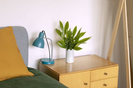 Detail of home interior with turquoise lamp and green leaves decoration standing on wooden sideboard...