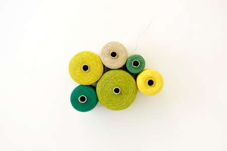 Arrangement of threads in shades of green, white background, flat lay. Equipment to creative project...