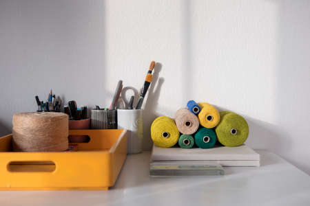 Workspace of designer, creative worker. Desktop with objects, tools, equipment in home office.の写真素材