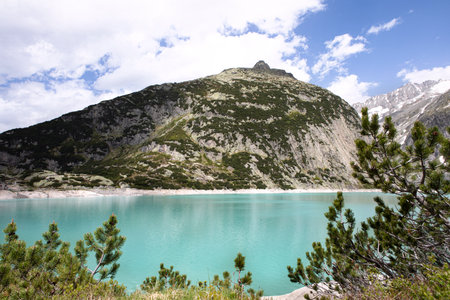 Gelmer Lake, Gelmersee by summer. Beautiful landscape in high mountains with turquoise water lake in...