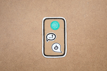 Mobile phone made our of paper with bot in the speech bubble on the display, concept of chatting with bot, chat gpt. Asking questions to AI. Cardboard smartphone with bot representation ready to work.の写真素材