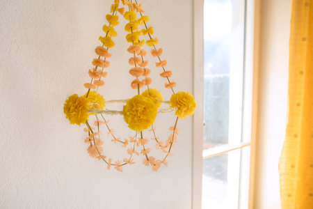 Paper mobile, a craft for hanging a mobile above a crib or decorated room ceiling. Handmade creative home decor.の写真素材