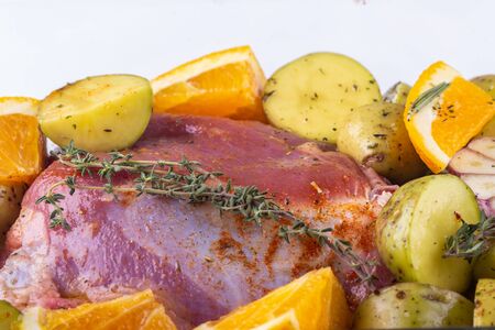 Thanksgiving turkey preparation on white background closeup. Selective focus.の写真素材
