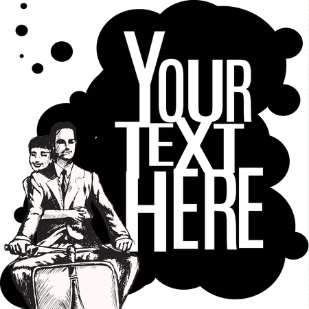 loving couple, man and woman riding scooter. vintage retro style. copy space. card template.のイラスト素材