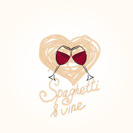 Hand drawn doodle illustration of italian spaghetti. Abstract vector logo design template. Trendy concept for pasta label, restaurant menu, cafe, fast food, pizzeria.のイラスト素材