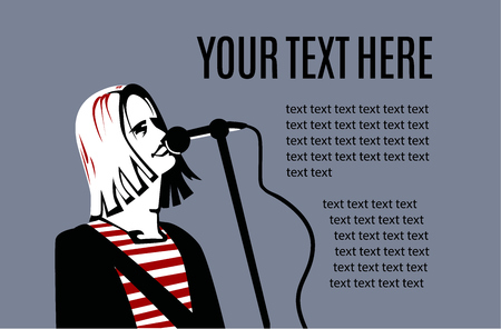 Man with long hair is singing in microphone. Card template.のイラスト素材