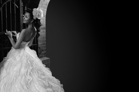 Beautiful brunette bride black and white photoの写真素材