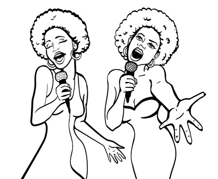 vector illustration of a two singing  women . karaoke party . copy spaceのイラスト素材