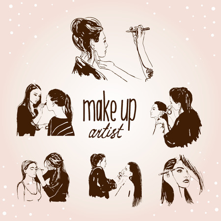 Woman visagist makeup artist paints on the face of his client. Illustrationのイラスト素材