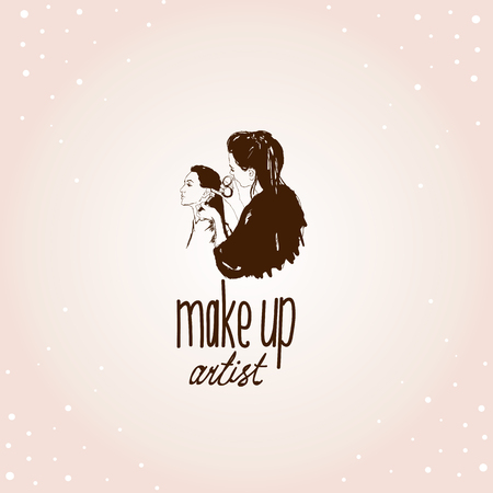 Woman visagist makeup artist paints on the face of his client. Illustrationのイラスト素材