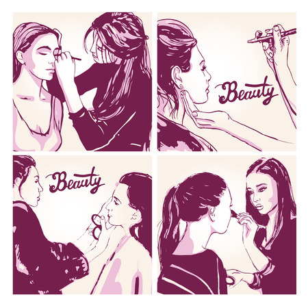 Woman visagist makeup artist paints on the face of his client. Illustrationのイラスト素材