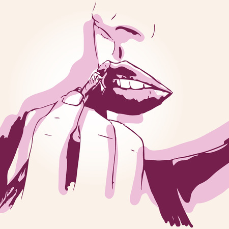 Woman visagist makeup artist paints on the face of his client. Illustrationのイラスト素材