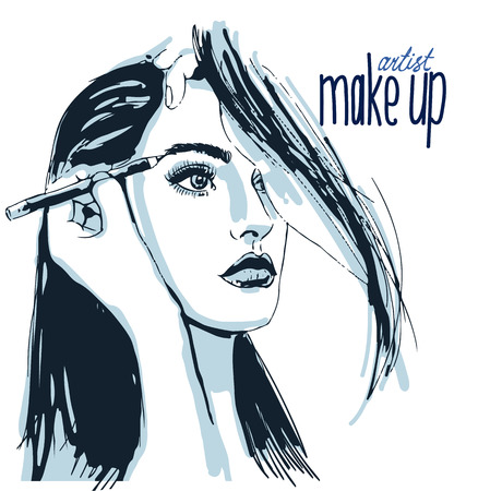 Woman visagist makeup artist paints on the face of his client. Illustrationのイラスト素材