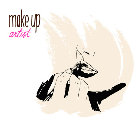 Woman visagist makeup artist paints on the face of his client. Illustrationのイラスト素材