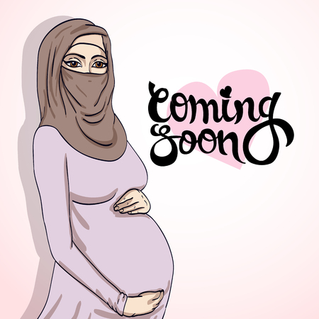 arabic muslim pregnant woman in hijab prepared for maternity. waiting for a baby birthのイラスト素材