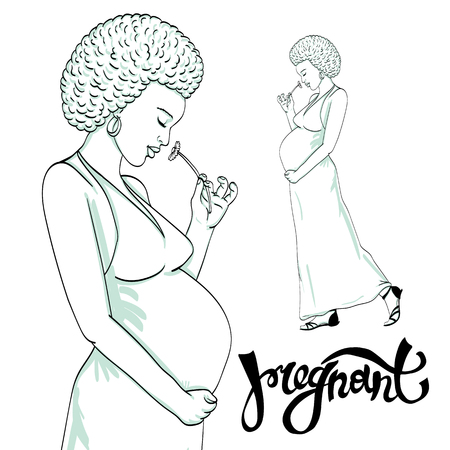 african-american pregnant woman in pregnancy dress is prepared for maternity. waiting for a baby birthのイラスト素材