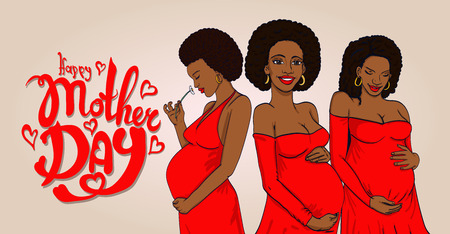 set african-american pregnant woman in pregnancy dress is prepared for maternity. waiting for a baby birthのイラスト素材