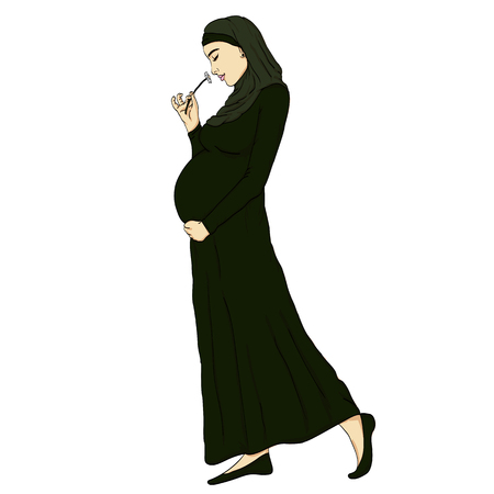 arabic muslim pregnant woman in hijab prepared for maternity. waiting for a baby birthのイラスト素材