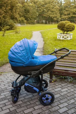 A stroller strolls in the park against the background of green trees. toned photoの写真素材