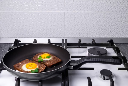 Breakfast : toasted scrambled eggs  cooking in a frying  pan.の写真素材