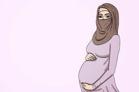 illustration arabic muslim pregnant woman in hijab prepared for maternity. waiting for a baby birthの写真素材
